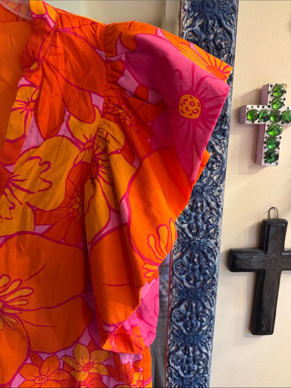 NWT J.Marie Vibrant Floral Ruffle Sleeve Dress in Orange & Pink - Picture 3 of 5